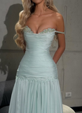 Ndyad Spaghetti Strap A-Line Tiffany Blue Long Prom Dresses Chiffon Sleeveless Formal Dresses Tiffany Blue Evening Dresses HZ1024