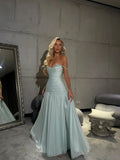 Ndyad Spaghetti Strap A-Line Tiffany Blue Long Prom Dresses Chiffon Sleeveless Formal Dresses Tiffany Blue Evening Dresses HZ1024