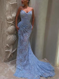 Ndyad Sweetheart Neck Sheath Blue Long Prom Dresses Lace Applique Sleeveless Formal Dresses Blue Evening Dresses HZ1024