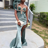 Ndyad One Shoulder Sheath Green Long Prom Dresses Velvet Sleeveless Formal Dresses Green Evening Dresses HZ1024