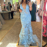 Ndyad V-neck Mermaid Blue Long Prom Dresses Applique Tulle Open Back Formal Dresses Blue Evening Dresses HZ1024