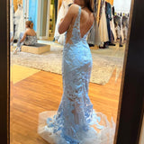 Ndyad V-neck Mermaid Blue Long Prom Dresses Applique Tulle Open Back Formal Dresses Blue Evening Dresses HZ1024