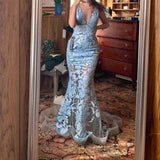 Ndyad V-neck Mermaid Blue Long Prom Dresses Applique Tulle Open Back Formal Dresses Blue Evening Dresses HZ1024