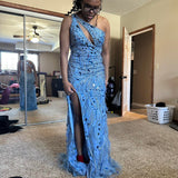 Ndyad One Shoulder Sheath Blue Long Prom Dresses Sequined Blue Evening Dresses with Slits HZ1024