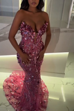 Ndyad Sweetheart Mermaid Pink Long Prom Dresses Tulle Sequin Pink Evening Dresses HZ1024