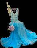 Ndyad V-neck Sheath Blue Long Prom Dresses Chiffon Beaded Blue Long Formal Dresses HZ1024