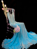 Ndyad V-neck Sheath Blue Long Prom Dresses Chiffon Beaded Blue Long Formal Dresses HZ1024