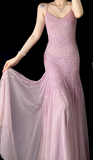 Ndyad Spaghetti Strap Sheath Pink Long Prom Dresses Chiffon Beaded Pink Long Formal Dresses HZ1024