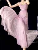 Ndyad Spaghetti Strap Sheath Pink Long Prom Dresses Chiffon Beaded Pink Long Formal Dresses HZ1024