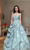 Ndyad Spaghetti Strap A-Line Green Long Prom Dresses Jacquard Satin Green Long Formal Dresses HZ1024