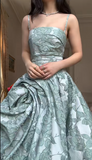 Ndyad Spaghetti Strap A-Line Green Long Prom Dresses Jacquard Satin Green Long Formal Dresses HZ1024