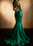 Ndyad V-neck Mermaid Green Long Prom Dresses Satin Green Long Formal Dresses Sleeveless Wedding Guest Dresses HZ1024