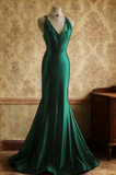 Ndyad V-neck Mermaid Green Long Prom Dresses Satin Green Long Formal Dresses Sleeveless Wedding Guest Dresses HZ1024