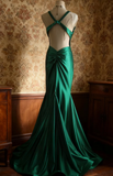 Ndyad V-neck Mermaid Green Long Prom Dresses Satin Green Long Formal Dresses Sleeveless Wedding Guest Dresses HZ1024