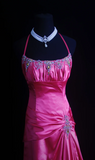 Ndyad Halter Neck Sheath Long Prom Dresses Satin Hot Pink Formal Dresses Hot Pink Halloween Dresses HZ1024