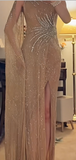 Ndyad One Shoulder Sheath Long Prom Dresses Rhinestone Tulle Champagne Formal Dresses Champagne Halloween Dresses HZ1024