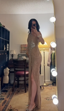 Ndyad One Shoulder Sheath Long Prom Dresses Rhinestone Tulle Champagne Formal Dresses Champagne Halloween Dresses HZ1024