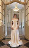 Ndyad Off-the-shoulder Sheath Long Formal Dresses Satin White Evening Gowns White Wedding Guest Dresses HZ1024