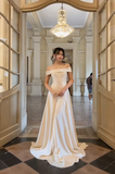 Ndyad Off-the-shoulder Sheath Long Formal Dresses Satin White Evening Gowns White Wedding Guest Dresses HZ1024