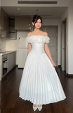 Ndyad Off-the-shoulder Sheath Ankle-length Formal Dresses Pleated White Birthday Chiffon White Wedding Guest Dresses HZ1024