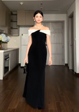 Ndyad Off-the-shoulder Sheath Long Formal Dresses Satin Black Evening Dresses HZ1024