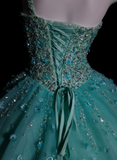 Ndyad One-Shoulder Ball Gown Turquoise Long Prom Dresses Beaded Tulle Turquoise Quinceanera Dresses Sweet 16 Dress HZ1024