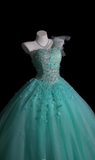 Ndyad One-Shoulder Ball Gown Turquoise Long Prom Dresses Beaded Tulle Turquoise Quinceanera Dresses Sweet 16 Dress HZ1024