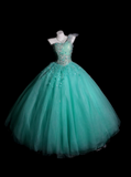 Ndyad One-Shoulder Ball Gown Turquoise Long Prom Dresses Beaded Tulle Turquoise Quinceanera Dresses Sweet 16 Dress HZ1024
