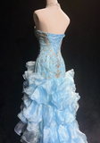 Ndyad Sweetheart Bodycon Sky Blue Long Prom Dresses Beaded Tulle Sky Blue Quinceanera Dresses Sweet 16 Dress HZ1024