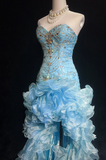 Ndyad Sweetheart Bodycon Sky Blue Long Prom Dresses Beaded Tulle Sky Blue Quinceanera Dresses Sweet 16 Dress HZ1024