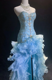 Ndyad Sweetheart Bodycon Sky Blue Long Prom Dresses Beaded Tulle Sky Blue Quinceanera Dresses Sweet 16 Dress HZ1024