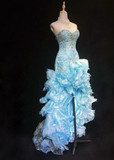 Ndyad Sweetheart Bodycon Sky Blue Long Prom Dresses Beaded Tulle Sky Blue Quinceanera Dresses Sweet 16 Dress HZ1024