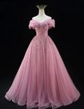 Ndyad Off-the-shoulder A-Line Pink Long Prom Dresses Beaded Tulle Pink Quinceanera Dresses Sweet 16 Dress HZ1024