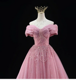 Ndyad Off-the-shoulder A-Line Pink Long Prom Dresses Beaded Tulle Pink Quinceanera Dresses Sweet 16 Dress HZ1024