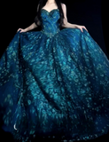 Ndyad Spaghetti Strap Ball Gown Blue Long Prom Dresses Tulle Applique Blue Quincea?a DResses Sweet 16 Dress HZ1024