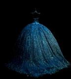 Ndyad Spaghetti Strap Ball Gown Blue Long Prom Dresses Tulle Applique Blue Quincea?a DResses Sweet 16 Dress HZ1024