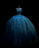 Ndyad Spaghetti Strap Ball Gown Blue Long Prom Dresses Tulle Applique Blue Quincea?a DResses Sweet 16 Dress HZ1024