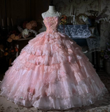 Ndyad Strapless Ball Gown Pink Long Prom Dresses Tulle Applique Pink Quincea?a Dresses Sweet 16 Dress HZ1024
