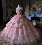 Ndyad Strapless Ball Gown Pink Long Prom Dresses Tulle Applique Pink Quincea?a Dresses Sweet 16 Dress HZ1024