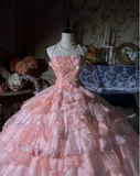 Ndyad Strapless Ball Gown Pink Long Prom Dresses Tulle Applique Pink Quincea?a Dresses Sweet 16 Dress HZ1024