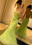 Ndyad V-neck Sheath Long Prom Dresses Beaded Printed Chiffon Green Formal Dresses Open Back Wedding Guest Dresses HZ1024
