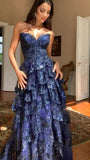 Ndyad Sweetheart Neck A-Line Navy Blue Long Prom Dresses Tulle Applique Navy Blue Evening Dresses HZ1024