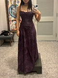 Ndyad Spaghetti Strap Sheath Grape Long Prom Dresses Jacquard Satin Grape Evening Dresses HZ1024