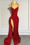 Ndyad Halter Sheath Red Long Prom Dresses Sequin Red New Year's Eve Dresses HZ1024