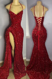 Ndyad Halter Sheath Red Long Prom Dresses Sequin Red New Year's Eve Dresses HZ1024