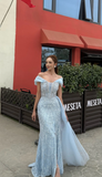 Ndyad Off-the-shoulder Sheath Sky Blue Evening Dresses Tulle Beaded Sky Blue Wedding Guest Dresses HZ1024