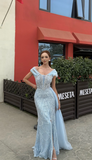 Ndyad Off-the-shoulder Sheath Sky Blue Evening Dresses Tulle Beaded Sky Blue Wedding Guest Dresses HZ1024