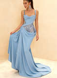 Ndyad Spaghetti Strap Sheath Blue Long Prom Dresses Chiffon Sky Blue Evening Dresses HZ1024