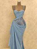 Ndyad Spaghetti Strap Sheath Blue Long Prom Dresses Chiffon Sky Blue Evening Dresses HZ1024