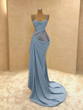 Ndyad Spaghetti Strap Sheath Blue Long Prom Dresses Chiffon Sky Blue Evening Dresses HZ1024